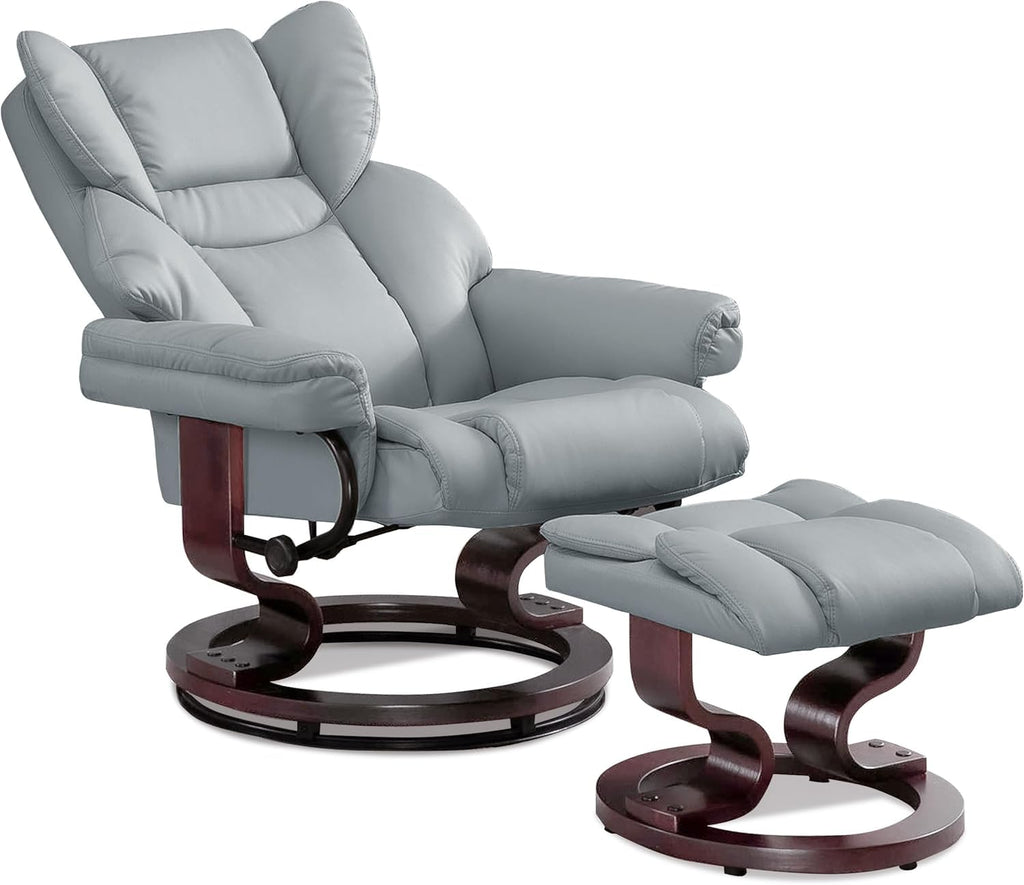 Blisswood Grey Recliner Chair with Footstool, 135° Swivel Armchair, PU Leather, Ergonomic High Back, 160kg Capacity