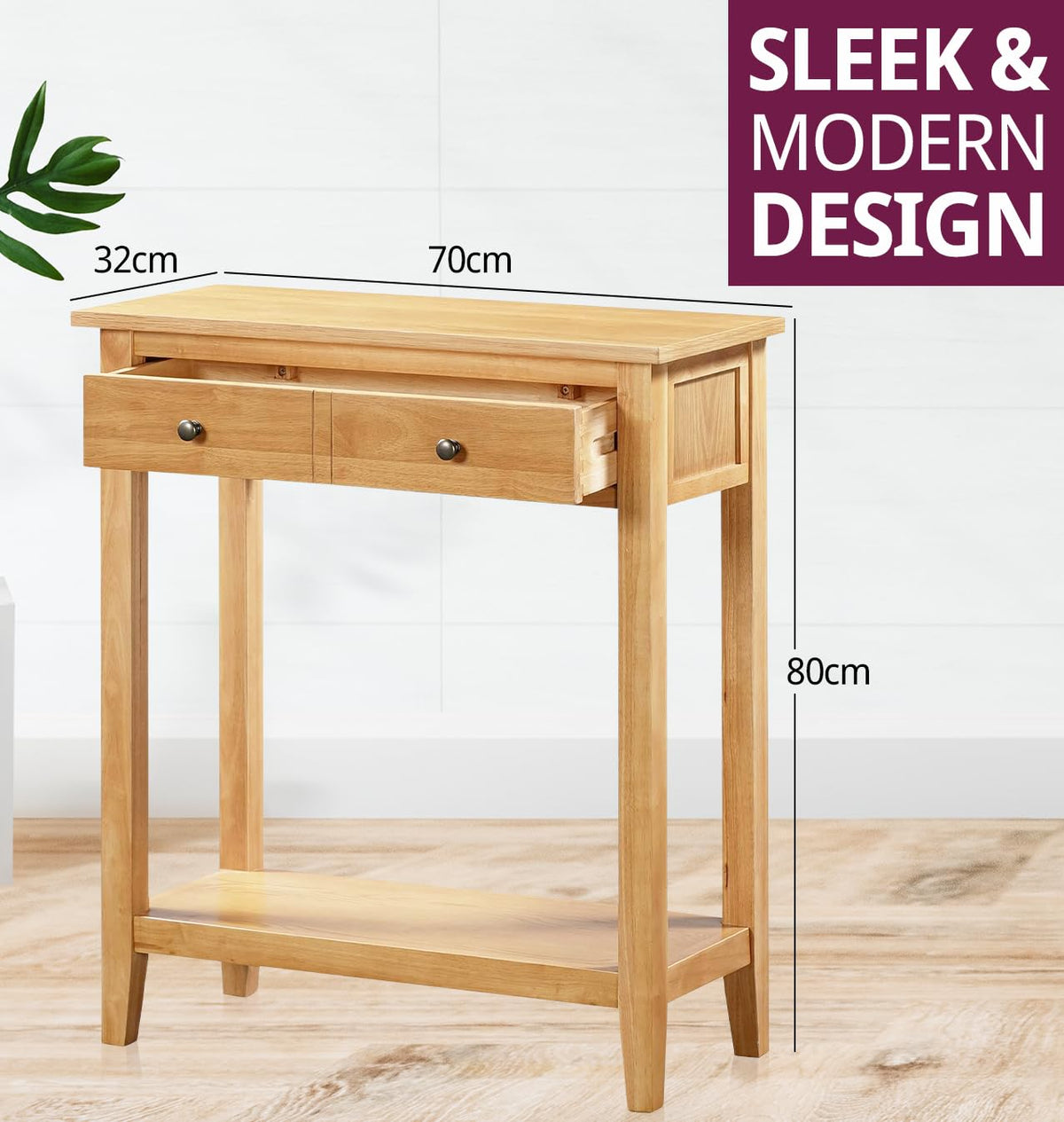 Hallowood Aston Oak Console Table 70cm Wide with Drawer and Shelf – Solid Wood Hallway Telephone Table