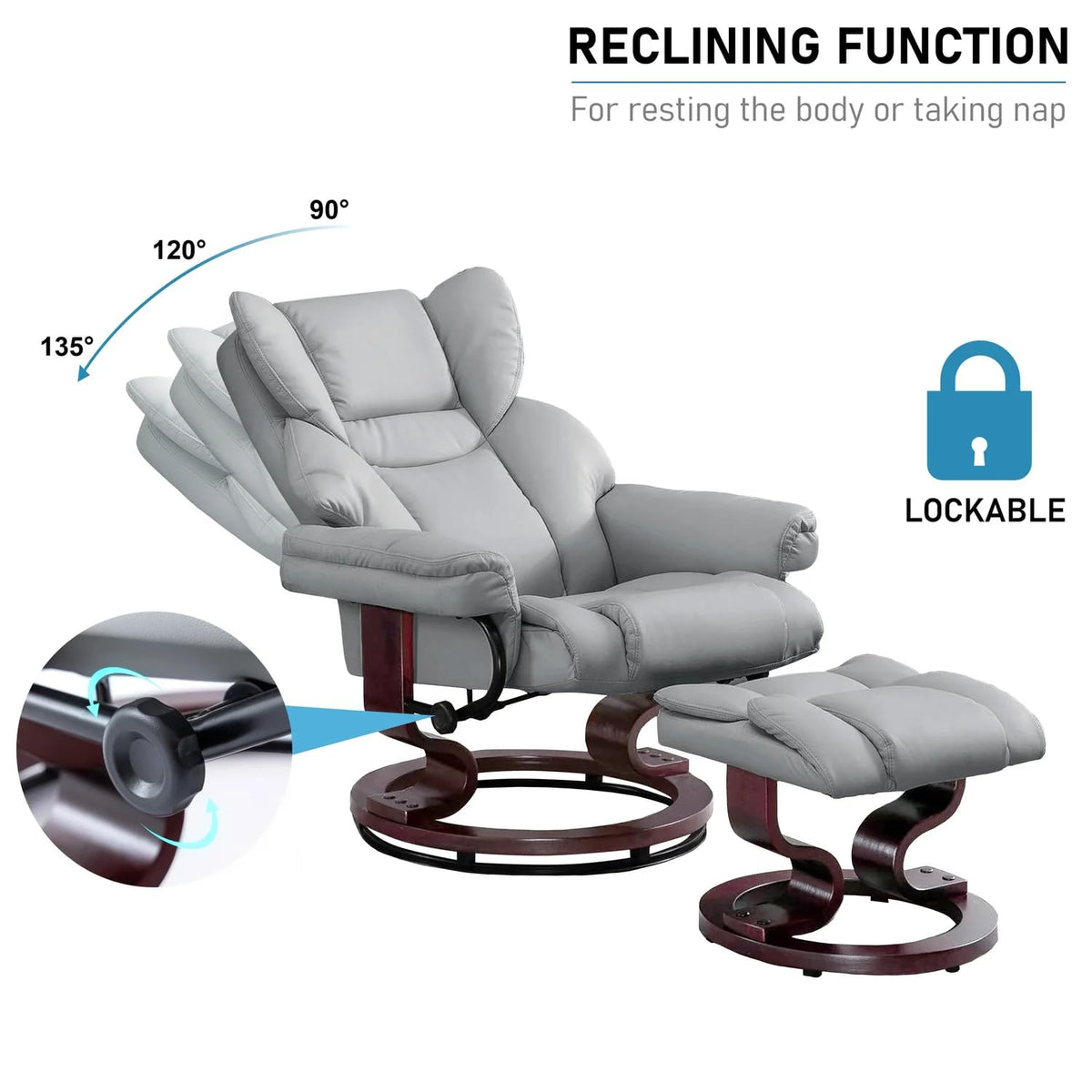 Blisswood Grey Recliner Chair with Footstool, 135° Swivel Armchair, PU Leather, Ergonomic High Back, 160kg Capacity