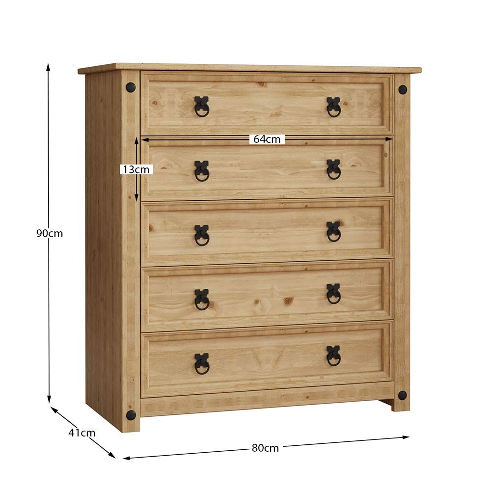 Vida Designs Corona 5 Drawer Chest of Drawers Solid Pine Wood Natural Finish 80cm Wide