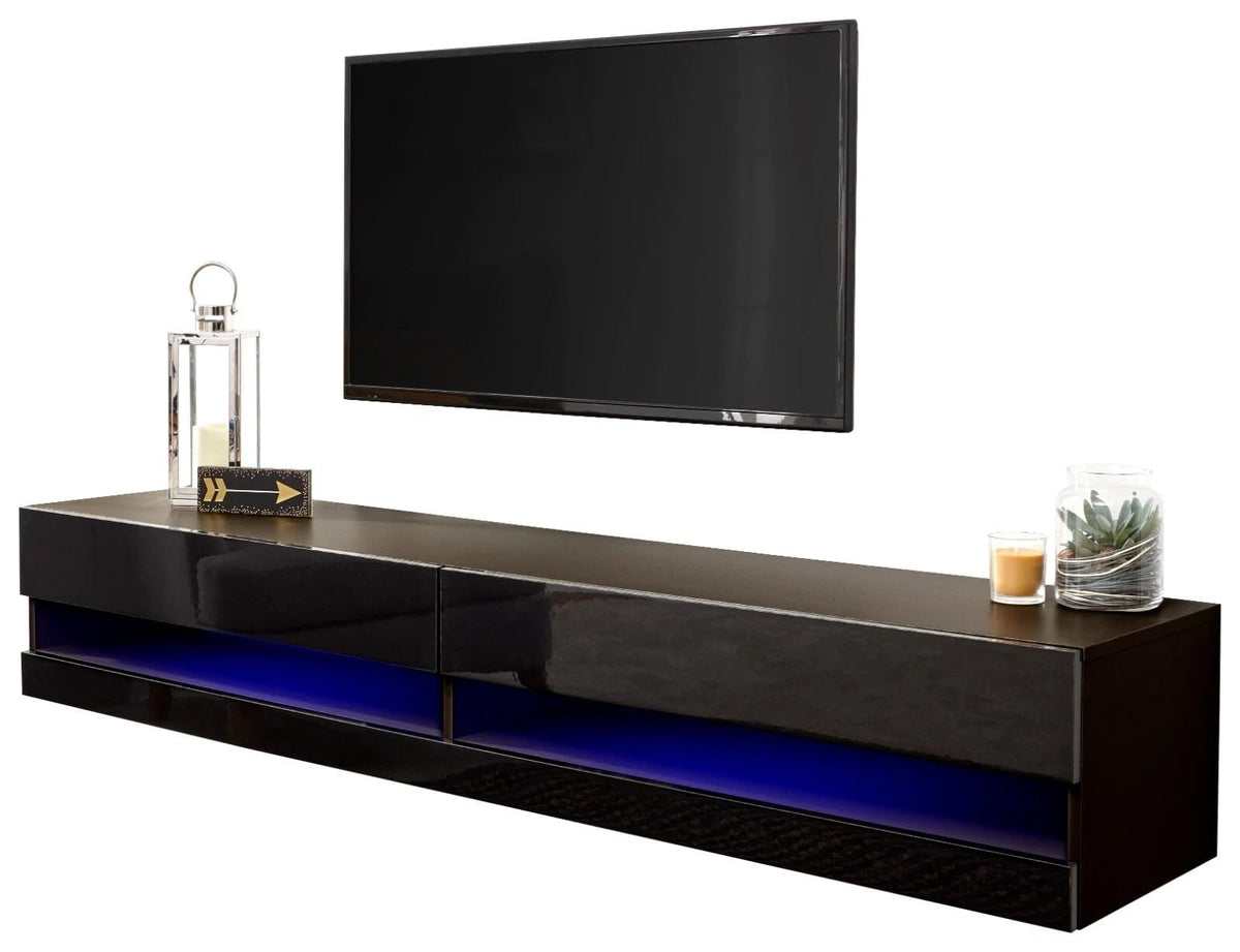 GFW Galicia 180cm Floating TV Unit Wall Mounted High Gloss with LED Downlight – Black Entertainment Stand up to 80"