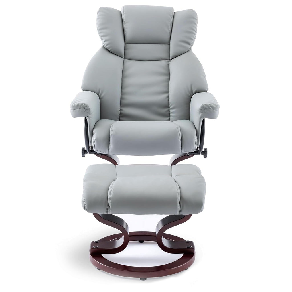 Blisswood Grey Recliner Chair with Footstool, 135° Swivel Armchair, PU Leather, Ergonomic High Back, 160kg Capacity