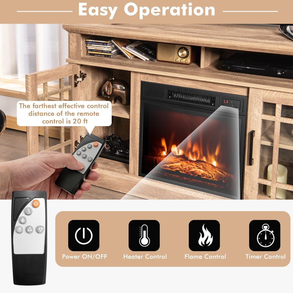 COSTWAY Electric Fireplace Insert TV Stand with Remote, Entertainment Center Console, Adjustable Flame & Overheat Protection