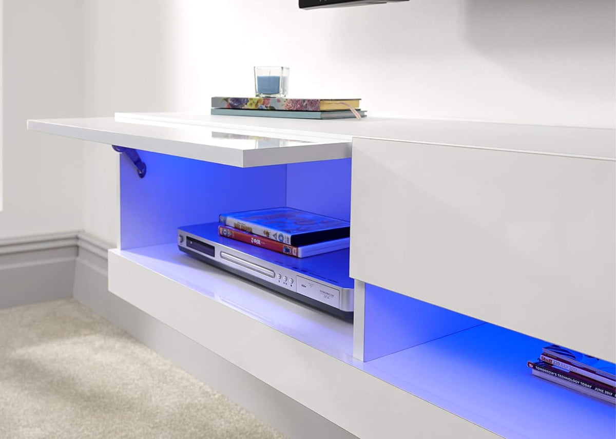 GFW Galicia 180cm White Floating TV Unit with LED - Wall-Mounted Cabinet with Lift-Up Doors