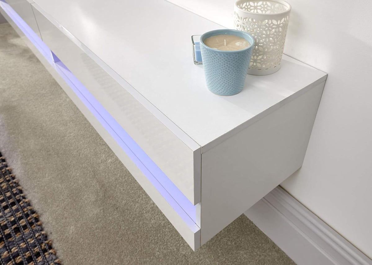 GFW Galicia 180cm White Floating TV Unit with LED - Wall-Mounted Cabinet with Lift-Up Doors