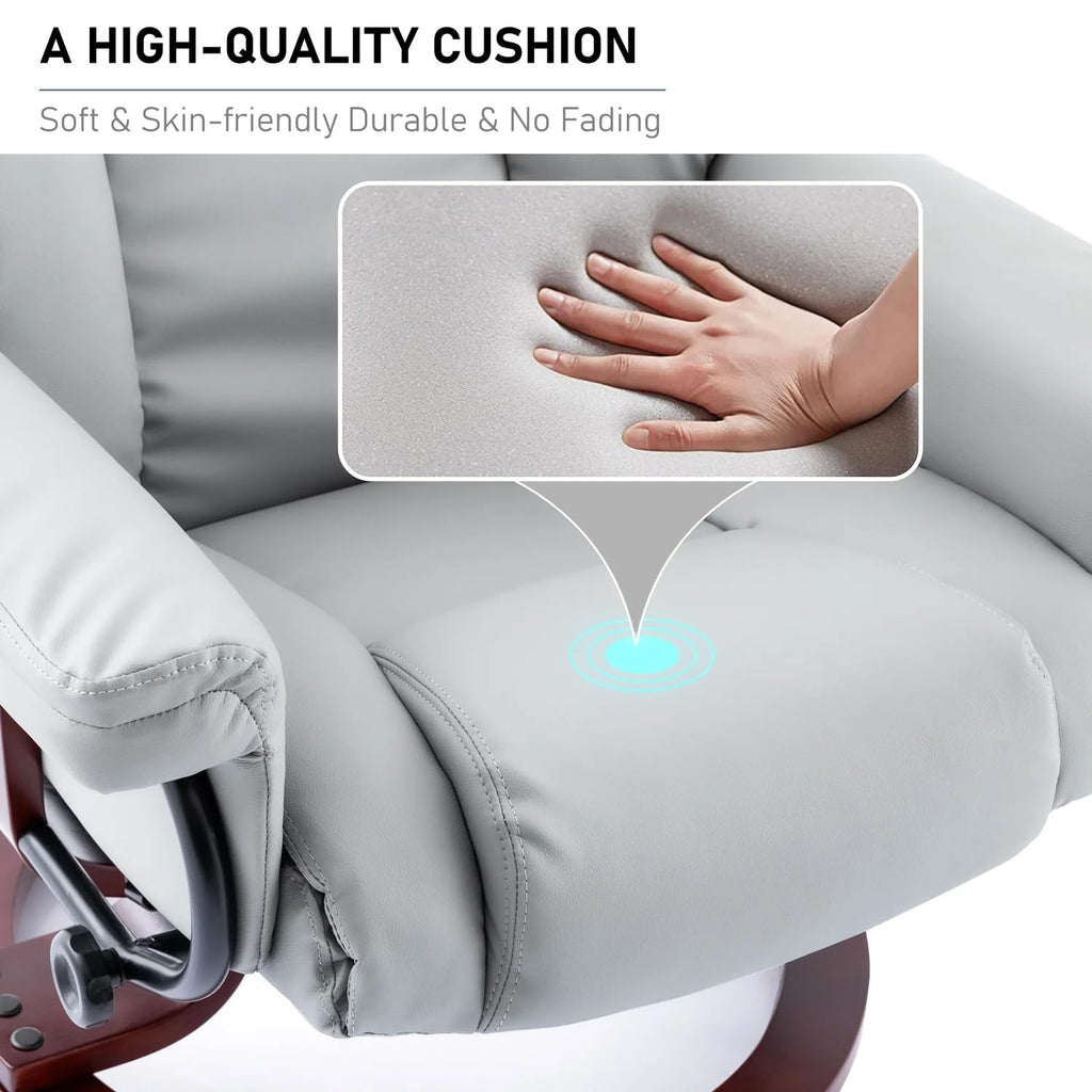 Blisswood Grey Recliner Chair with Footstool, 135° Swivel Armchair, PU Leather, Ergonomic High Back, 160kg Capacity