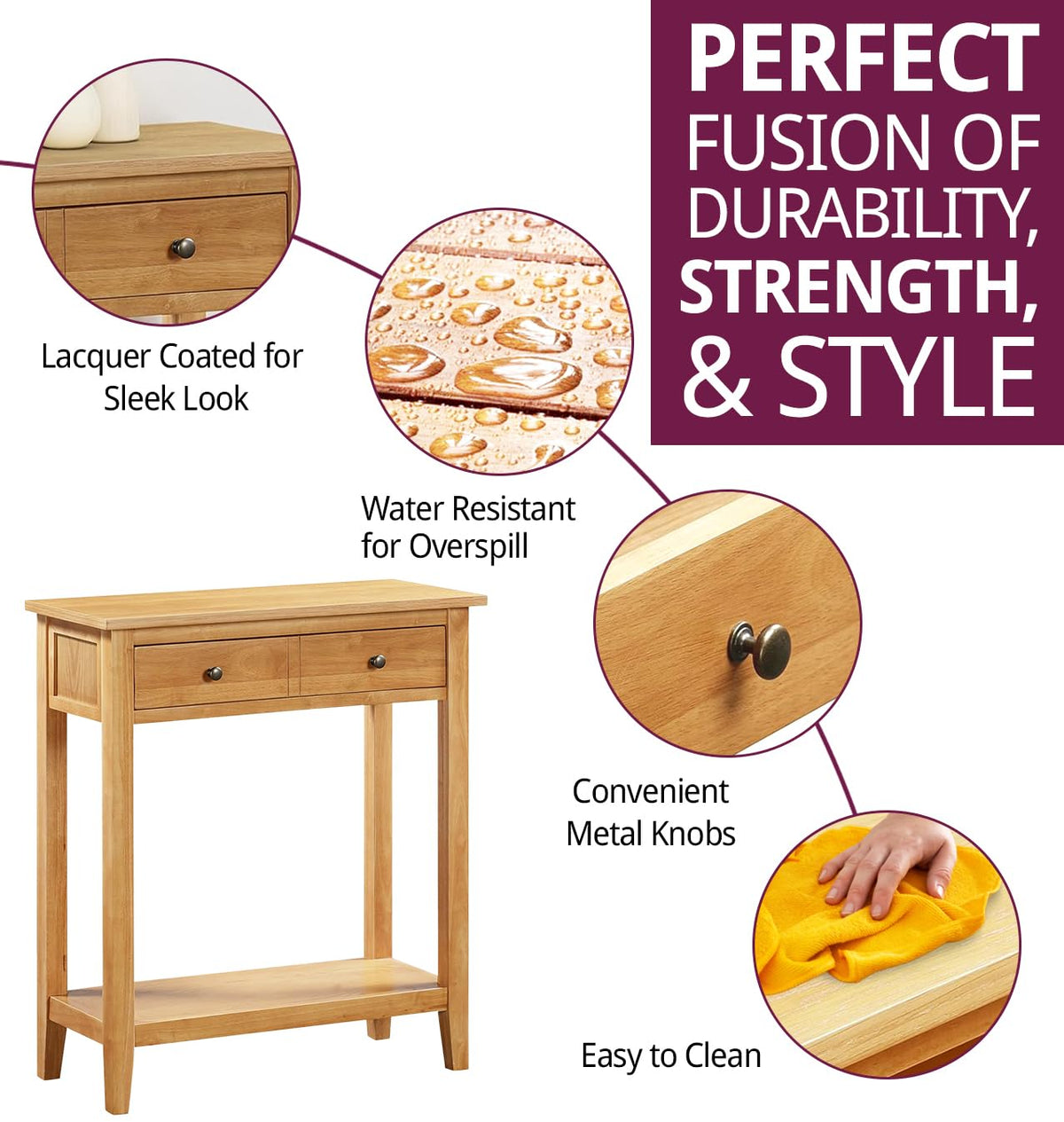 Hallowood Aston Oak Console Table 70cm Wide with Drawer and Shelf – Solid Wood Hallway Telephone Table
