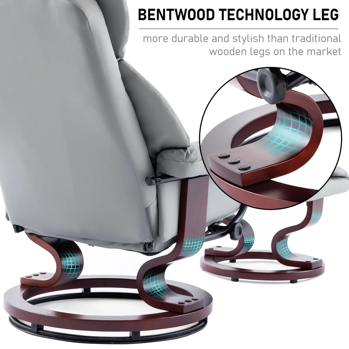 Blisswood Grey Recliner Chair with Footstool, 135° Swivel Armchair, PU Leather, Ergonomic High Back, 160kg Capacity