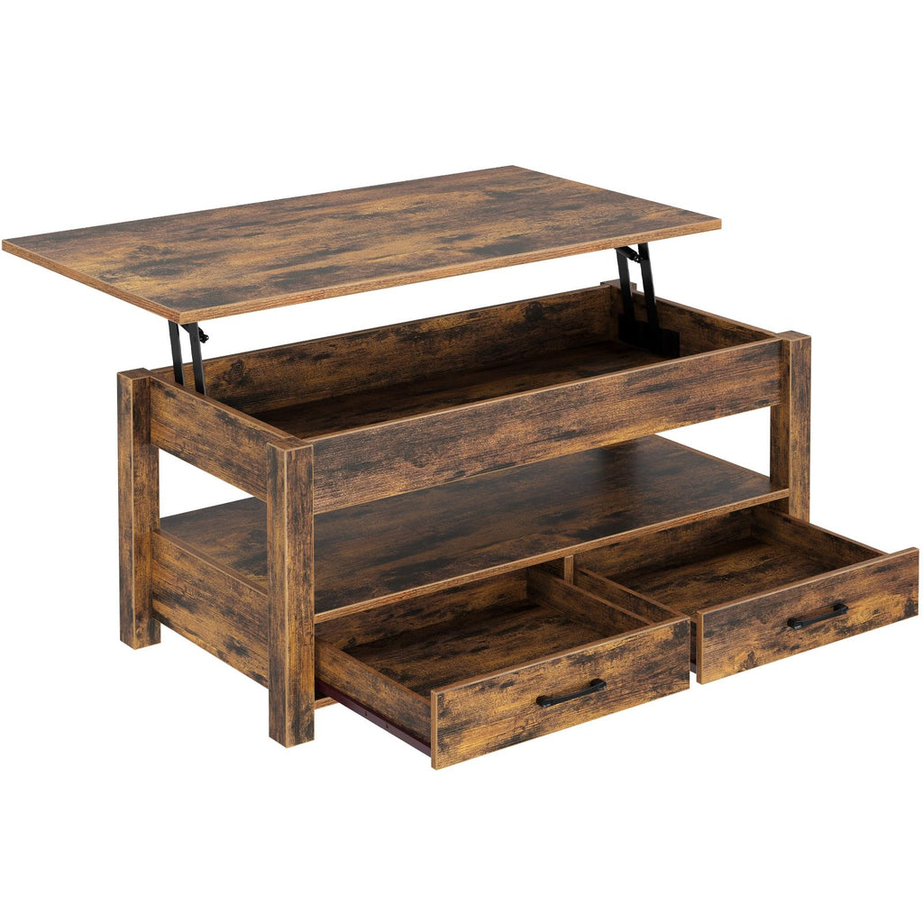 Rolanstar Lift Top Coffee Table with Drawers & Hidden Compartment - Rustic Brown Industrial Style Living Room Table