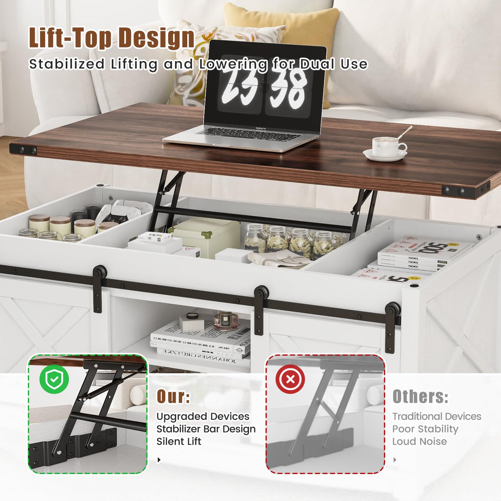 ALLSTAND 48" Farmhouse Lift Top Coffee Table with Sliding Barn Door Storage & Hidden Compartment, Brown & White