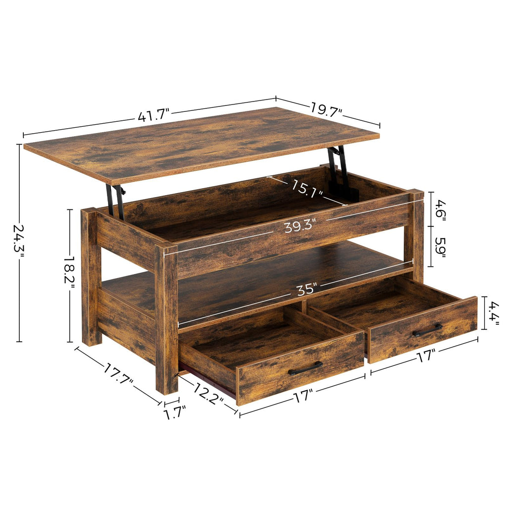 Rolanstar Lift Top Coffee Table with Drawers & Hidden Compartment - Rustic Brown Industrial Style Living Room Table
