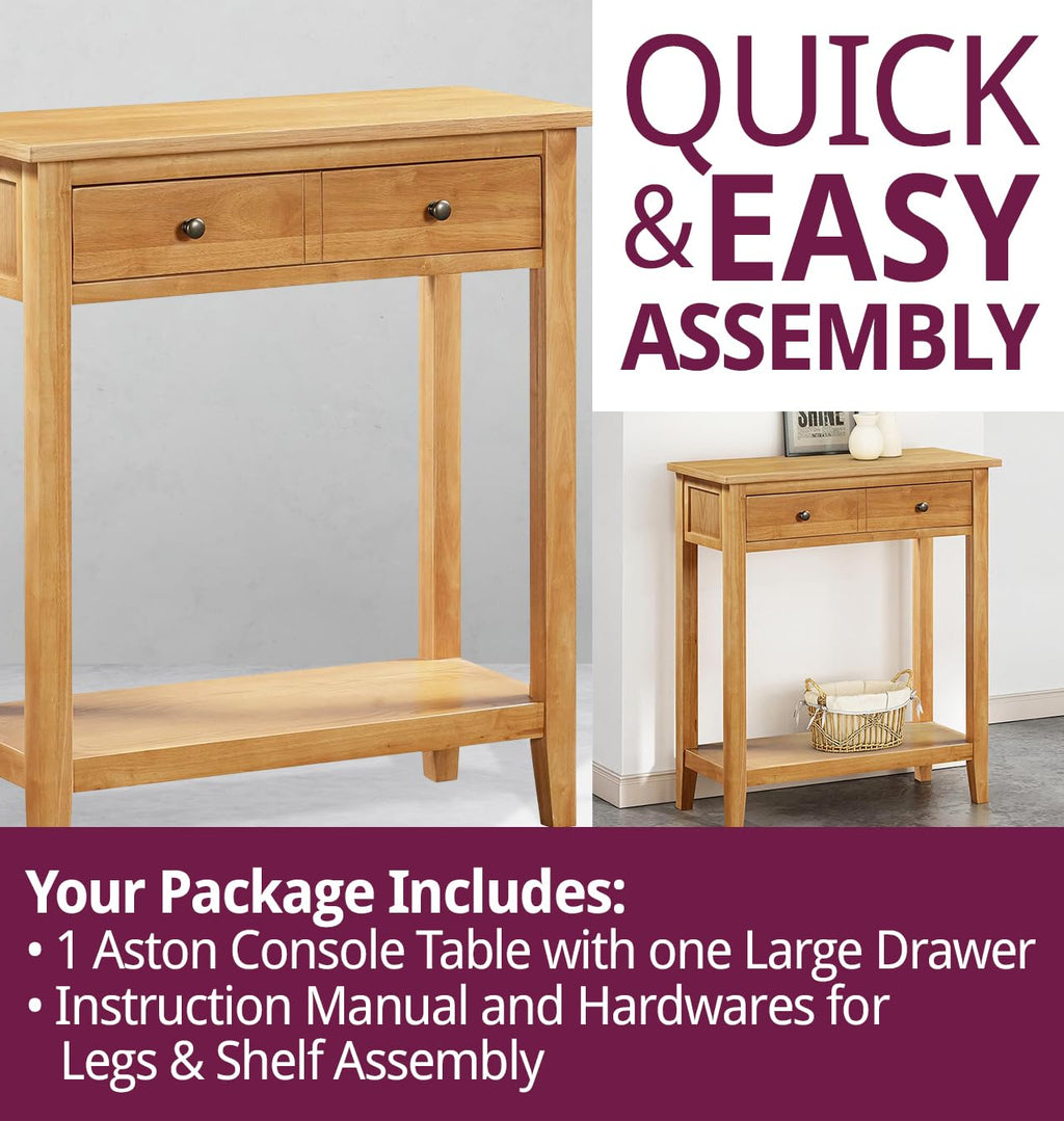 Hallowood Aston Oak Console Table 70cm Wide with Drawer and Shelf – Solid Wood Hallway Telephone Table