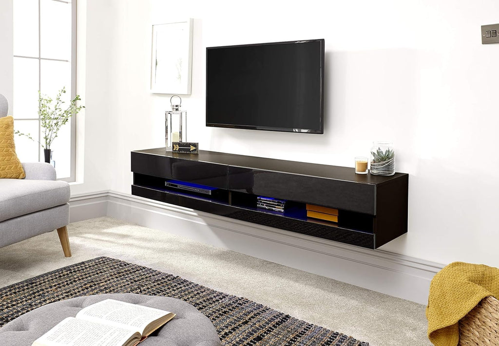 GFW Galicia 180cm Floating TV Unit Wall Mounted High Gloss with LED Downlight – Black Entertainment Stand up to 80"