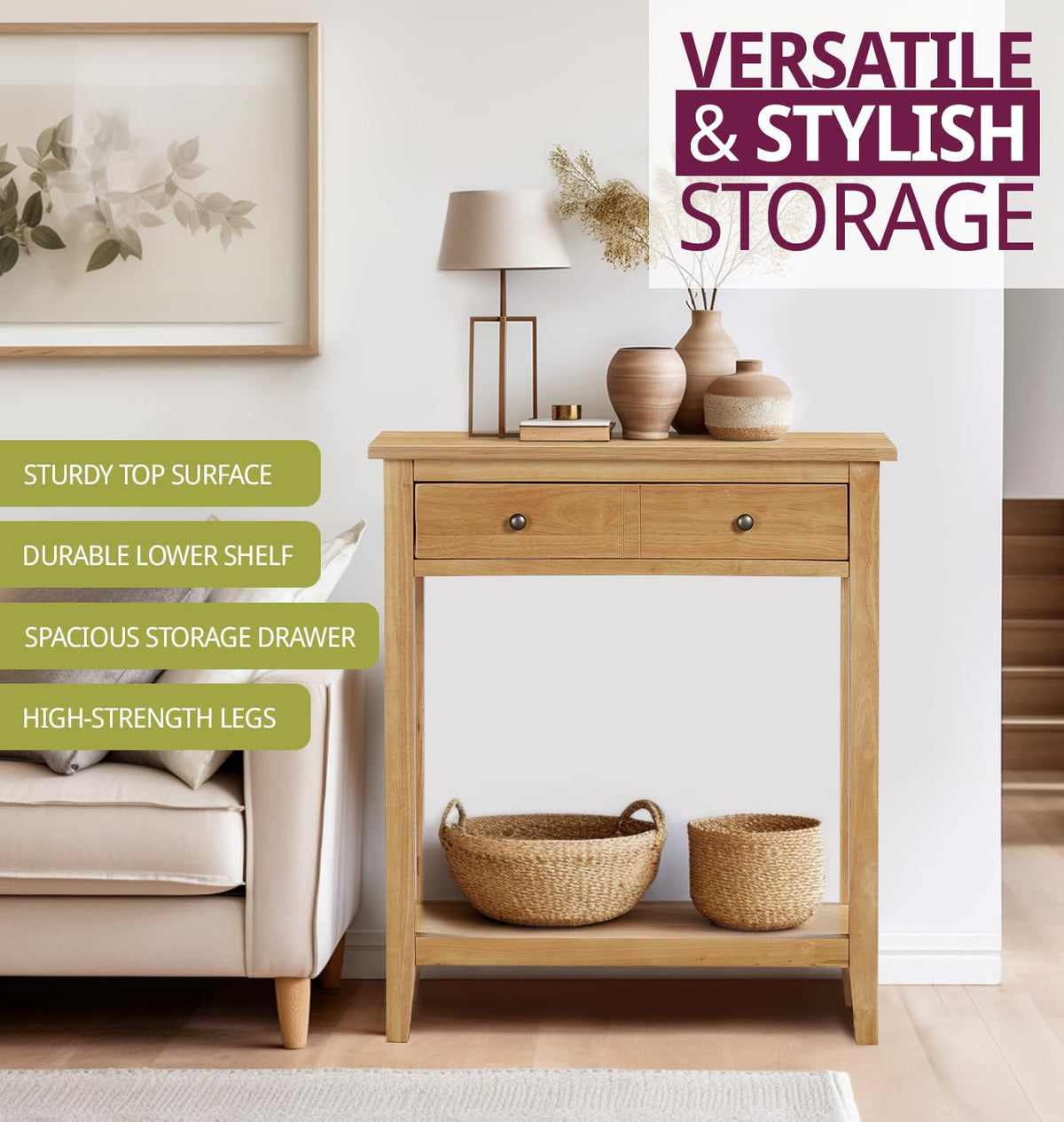 Hallowood Aston Oak Console Table 70cm Wide with Drawer and Shelf – Solid Wood Hallway Telephone Table
