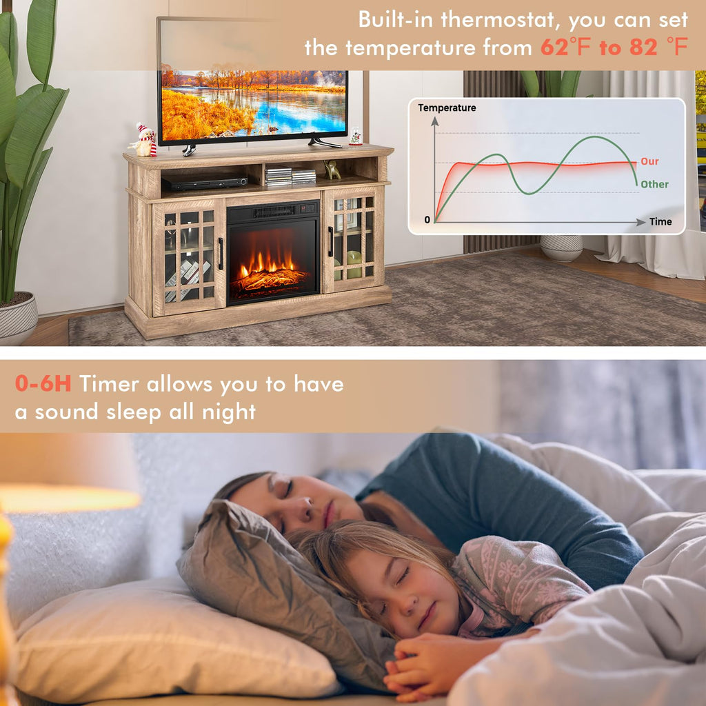 COSTWAY Electric Fireplace Insert TV Stand with Remote, Entertainment Center Console, Adjustable Flame & Overheat Protection