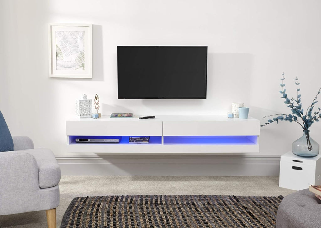 GFW Galicia 180cm White Floating TV Unit with LED - Wall-Mounted Cabinet with Lift-Up Doors