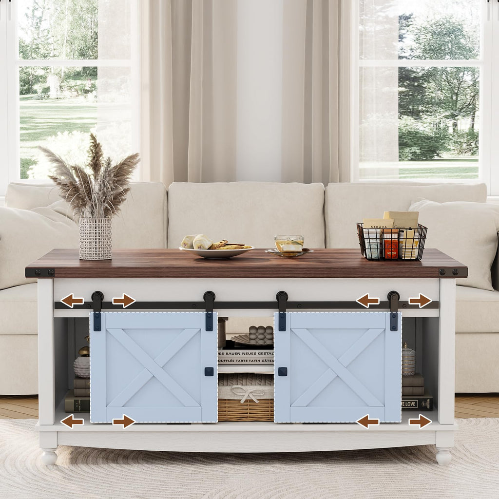 ALLSTAND 48" Farmhouse Lift Top Coffee Table with Sliding Barn Door Storage & Hidden Compartment, Brown & White