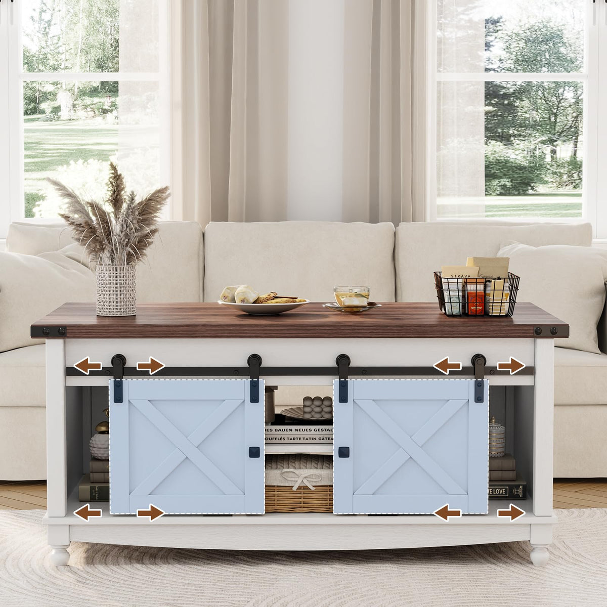 ALLSTAND 48" Farmhouse Lift Top Coffee Table with Sliding Barn Door Storage & Hidden Compartment, Brown & White