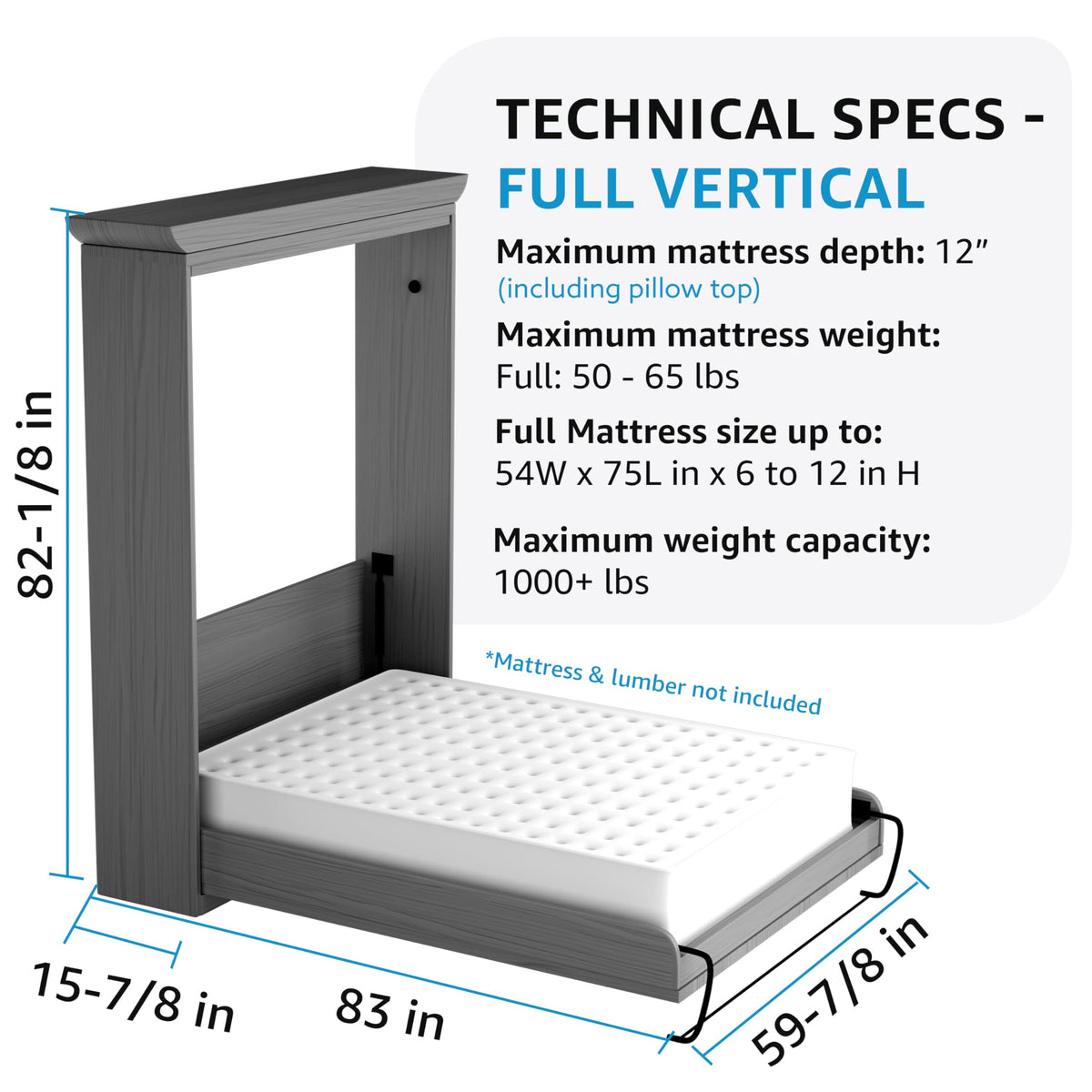 Create-A-Bed Full-Size Deluxe Murphy Bed Kit Vertical, Wall Bed Hardware with Folding Legs, Lifetime Warranty