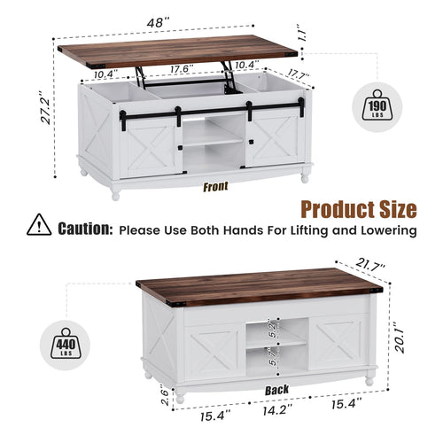 ALLSTAND 48" Farmhouse Lift Top Coffee Table with Sliding Barn Door Storage & Hidden Compartment, Brown & White
