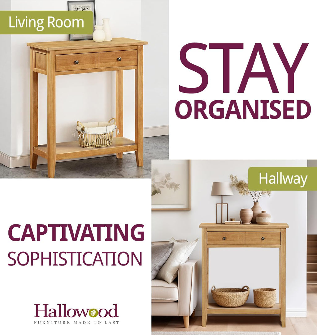 Hallowood Aston Oak Console Table 70cm Wide with Drawer and Shelf – Solid Wood Hallway Telephone Table