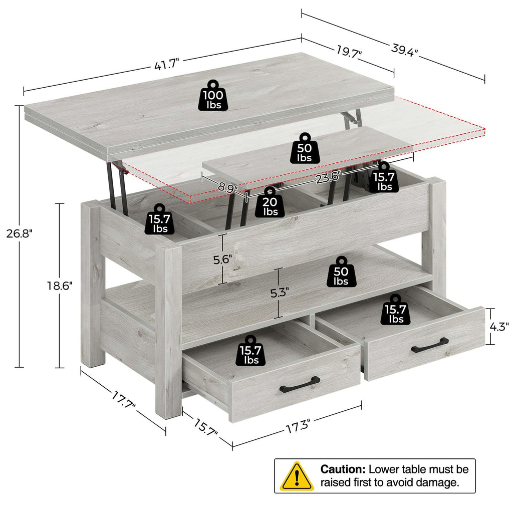 Rolanstar Split Lift Top Coffee Table - Convertible Dining Table with Drawers & Hidden Storage for Living Room & Home Office