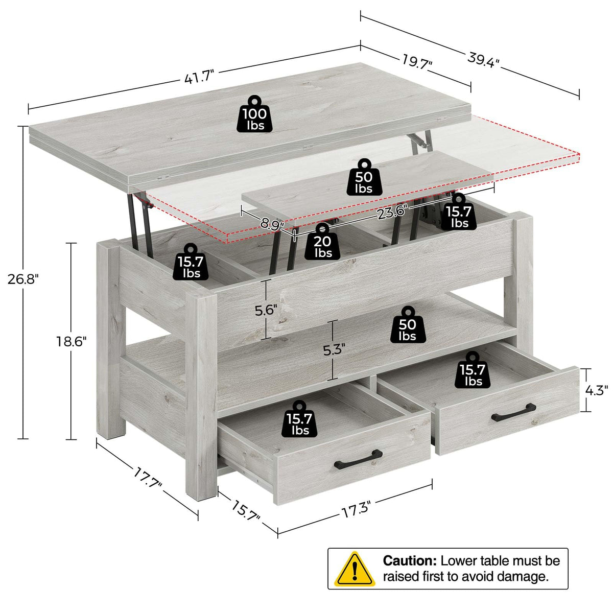 Rolanstar Split Lift Top Coffee Table - Convertible Dining Table with Drawers & Hidden Storage for Living Room & Home Office