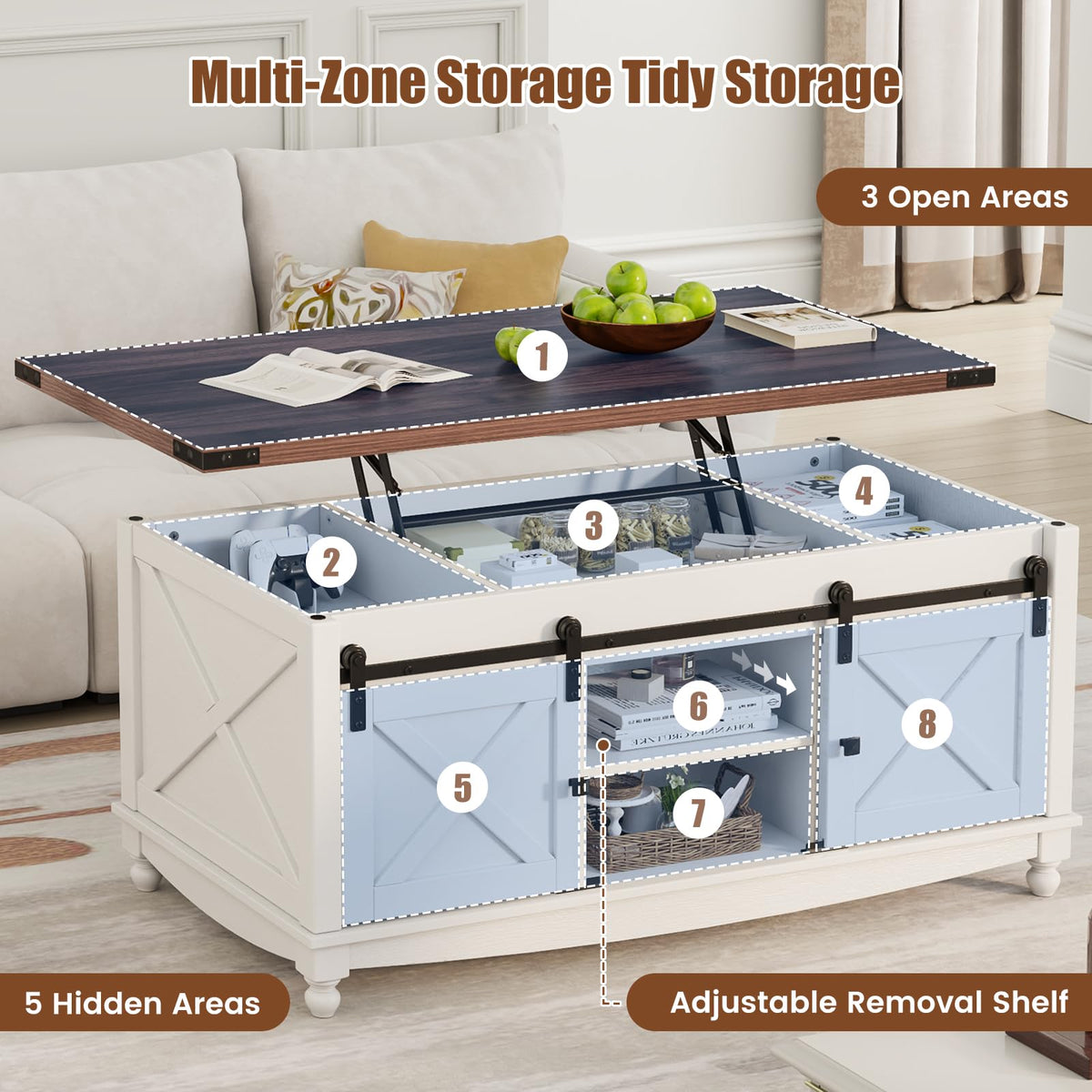 ALLSTAND 48" Farmhouse Lift Top Coffee Table with Sliding Barn Door Storage & Hidden Compartment, Brown & White