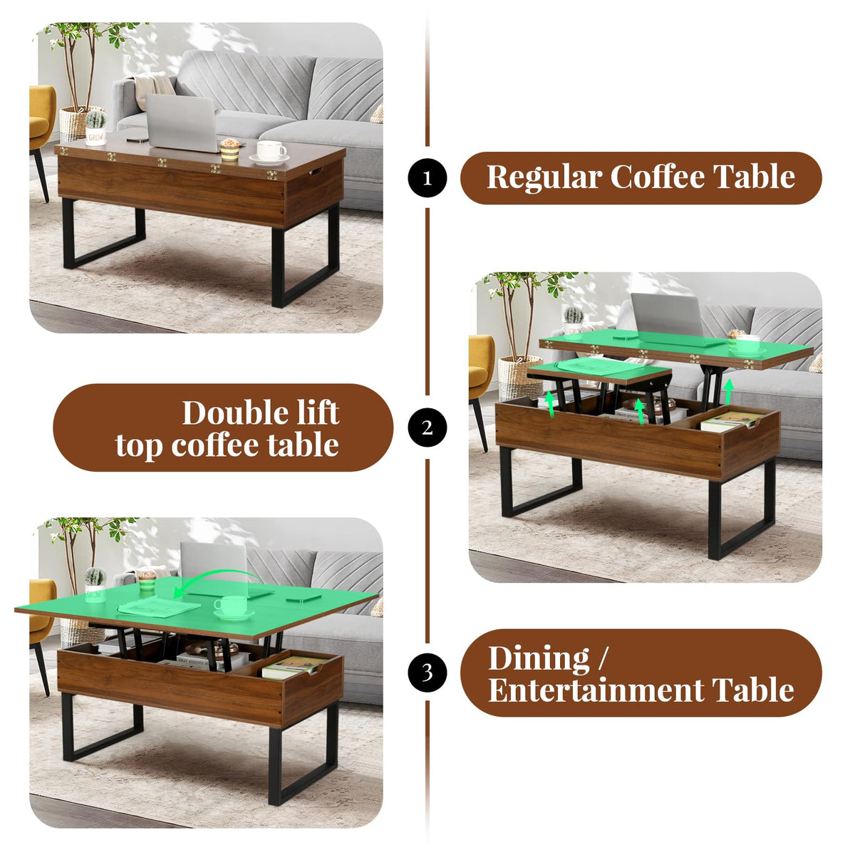 VOWNER Lift Top Coffee Table 3-in-1 Convertible Living Room Dining Table with Hidden Storage - Walnut
