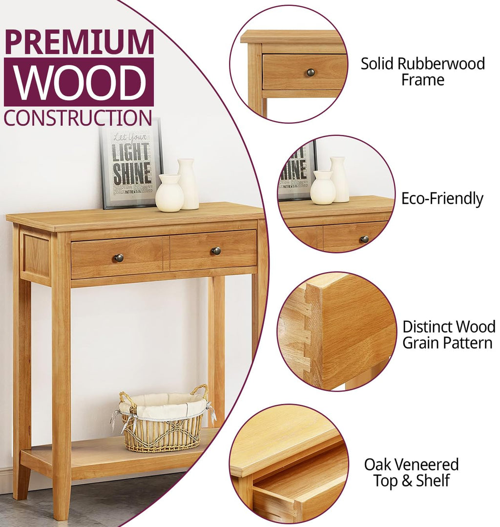 Hallowood Aston Oak Console Table 70cm Wide with Drawer and Shelf – Solid Wood Hallway Telephone Table
