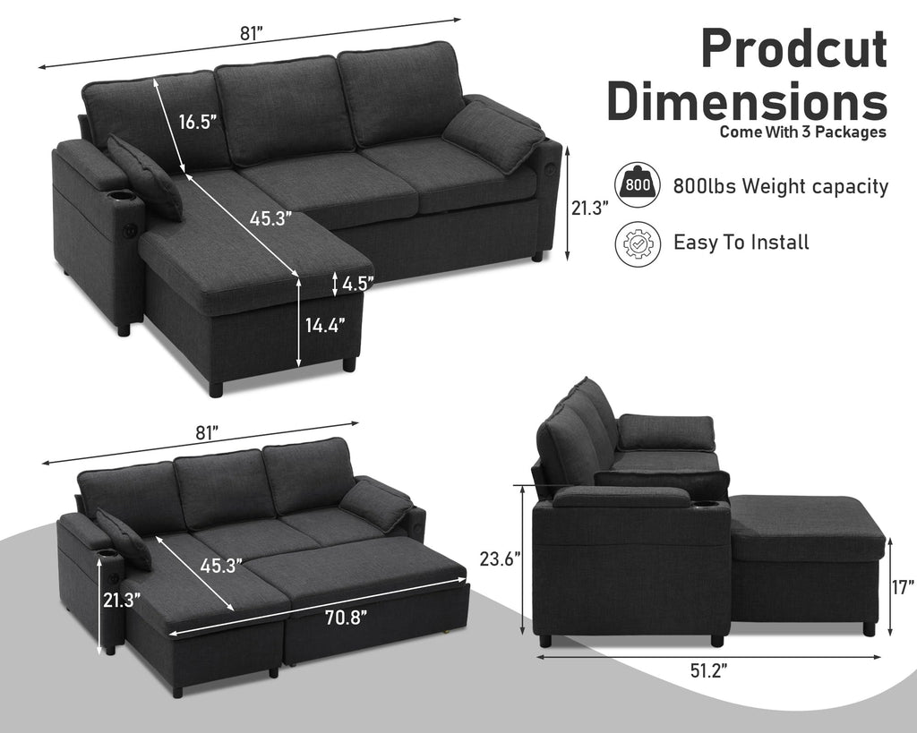 DURASPACE L Shaped Corner Sofa Bed with Storage - Convertible Sectional Couch, 2 USB Ports, Cup Holders, Dark Grey