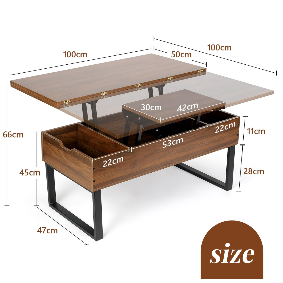 VOWNER Lift Top Coffee Table 3-in-1 Convertible Living Room Dining Table with Hidden Storage - Walnut