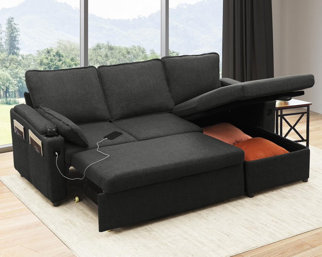 DURASPACE L Shaped Corner Sofa Bed with Storage - Convertible Sectional Couch, 2 USB Ports, Cup Holders, Dark Grey