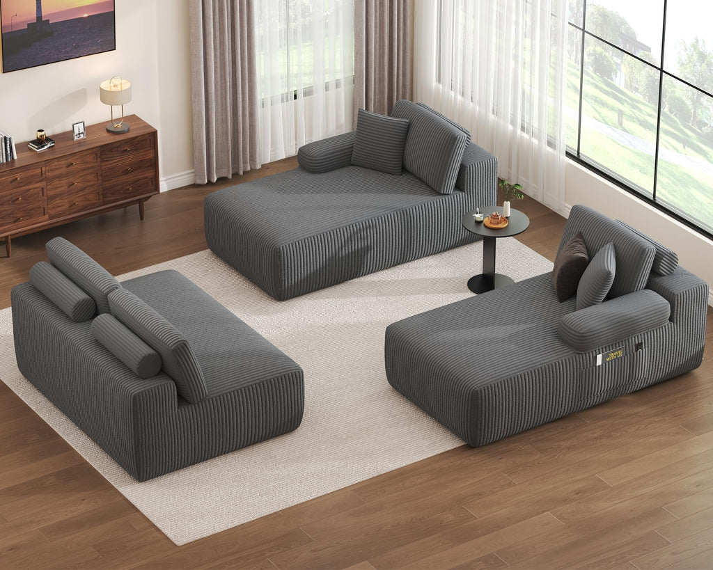 DURASPACE 126" U Shaped Modular Sofa with Chaise - Cloud Comfort Sectional Couch, Corduroy 4-Seater, Grey