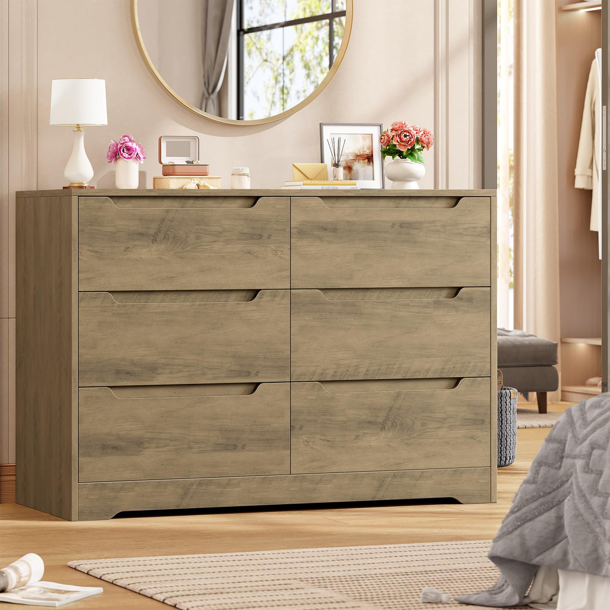 HOCSOK 6 Drawer Dresser Chest of Drawers Wood Bedroom Storage Cabinet Bedside Table No Handle Rustic Brown