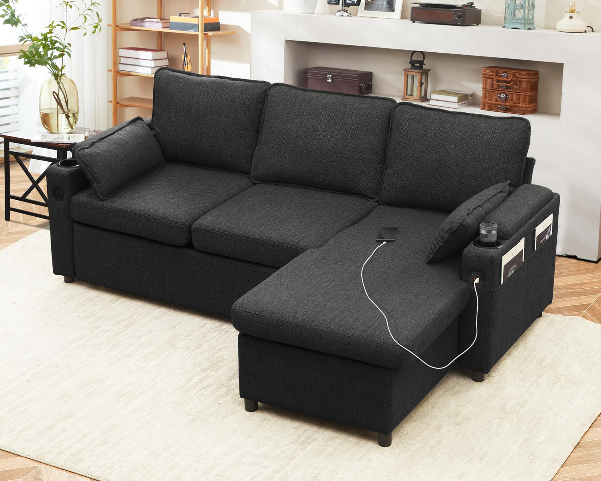 DURASPACE L Shaped Corner Sofa Bed with Storage - Convertible Sectional Couch, 2 USB Ports, Cup Holders, Dark Grey