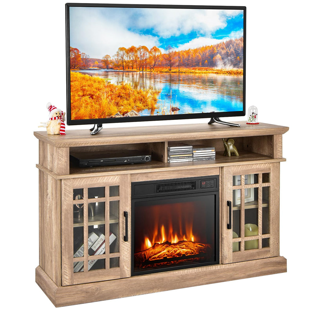 COSTWAY Electric Fireplace Insert TV Stand with Remote, Entertainment Center Console, Adjustable Flame & Overheat Protection