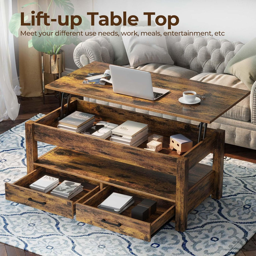 Rolanstar Lift Top Coffee Table with Drawers & Hidden Compartment - Rustic Brown Industrial Style Living Room Table