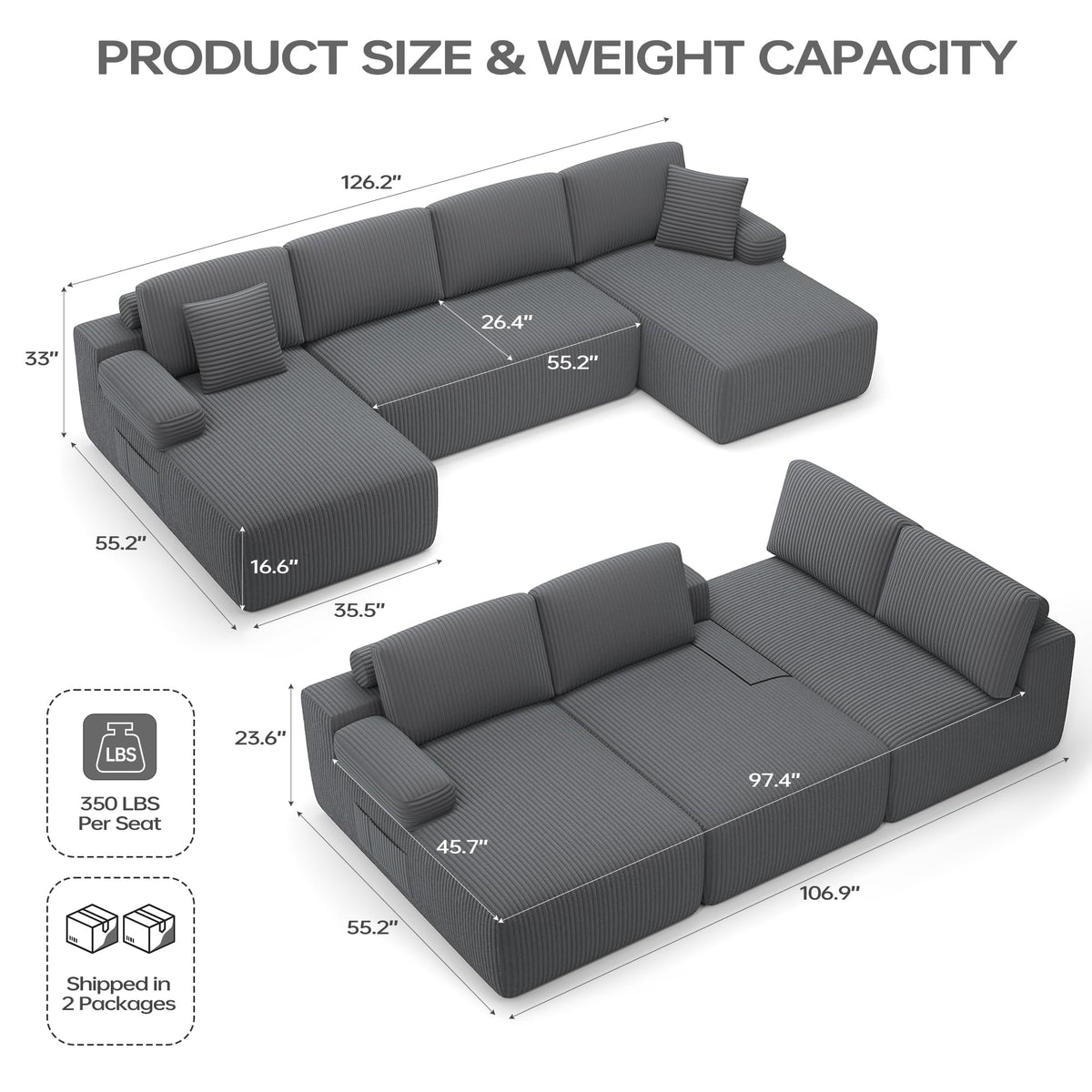 DURASPACE 126" U Shaped Modular Sofa with Chaise - Cloud Comfort Sectional Couch, Corduroy 4-Seater, Grey