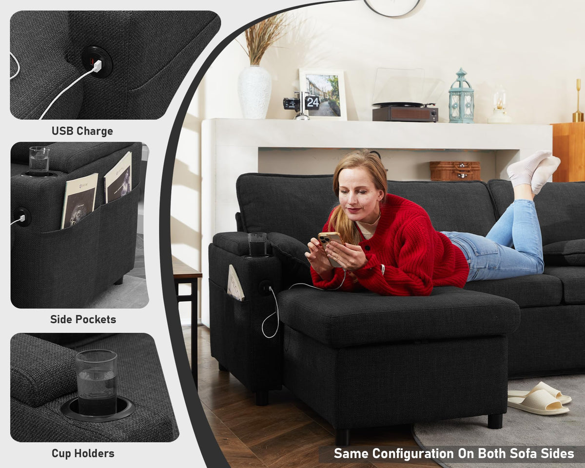 DURASPACE L Shaped Corner Sofa Bed with Storage - Convertible Sectional Couch, 2 USB Ports, Cup Holders, Dark Grey