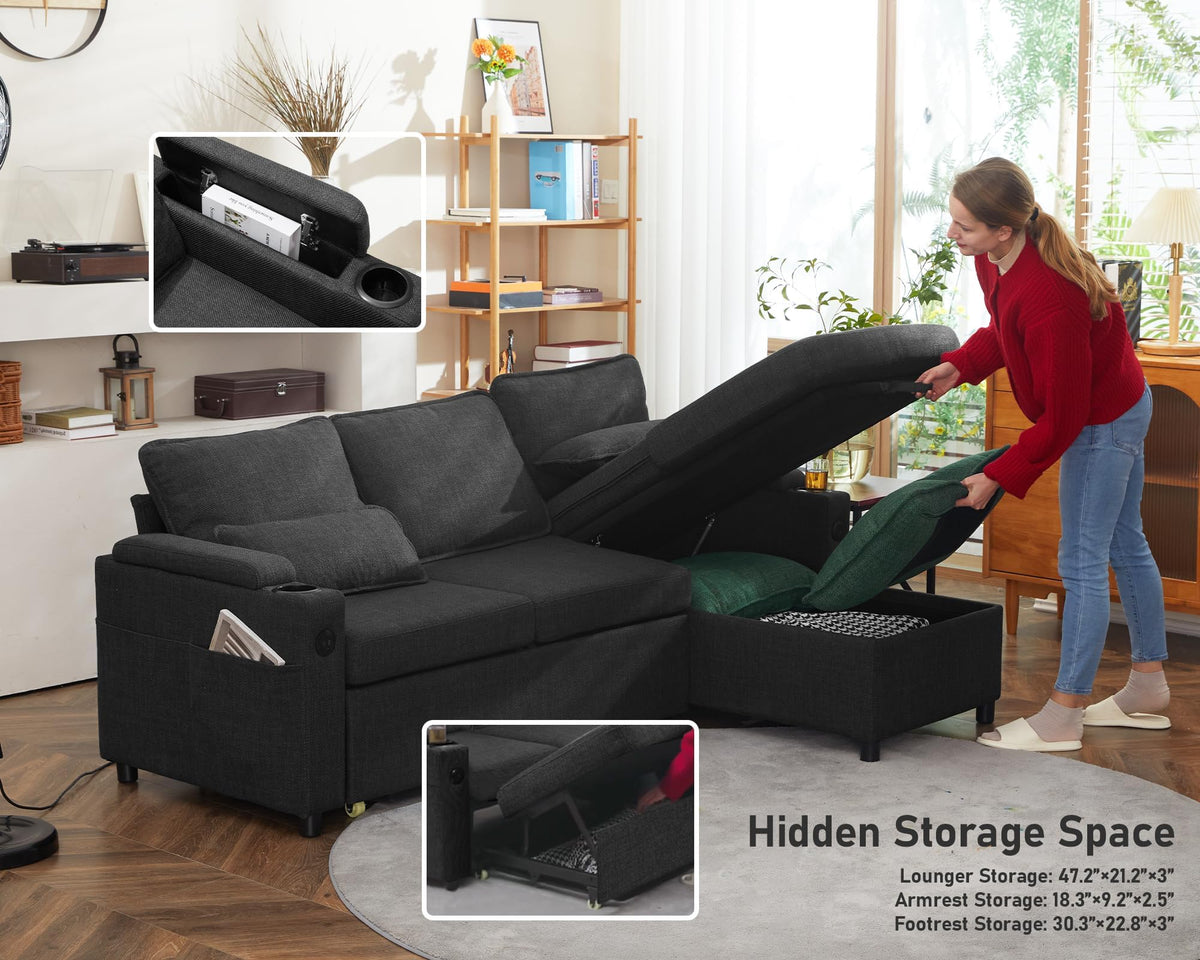 DURASPACE L Shaped Corner Sofa Bed with Storage - Convertible Sectional Couch, 2 USB Ports, Cup Holders, Dark Grey