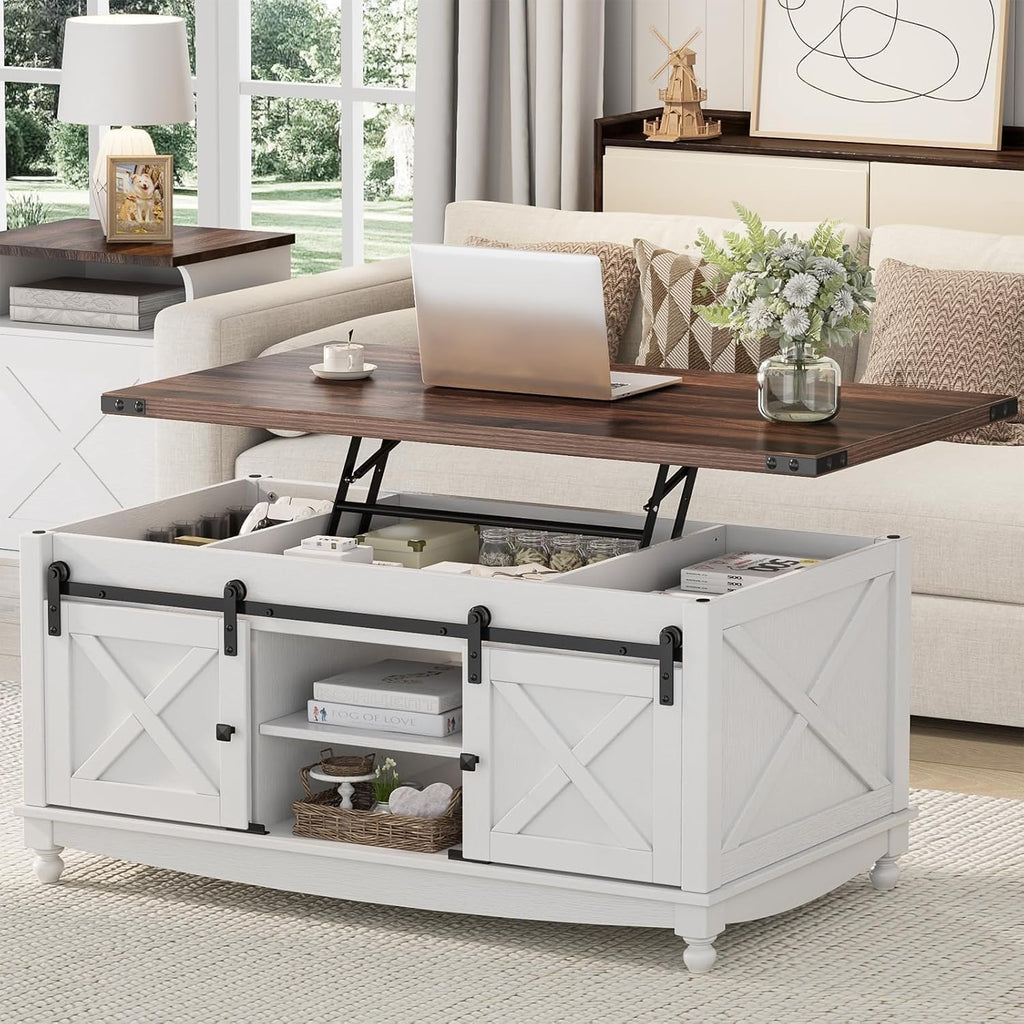 ALLSTAND 48" Farmhouse Lift Top Coffee Table with Sliding Barn Door Storage & Hidden Compartment, Brown & White
