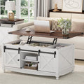 ALLSTAND 48" Farmhouse Lift Top Coffee Table with Sliding Barn Door Storage & Hidden Compartment, Brown & White