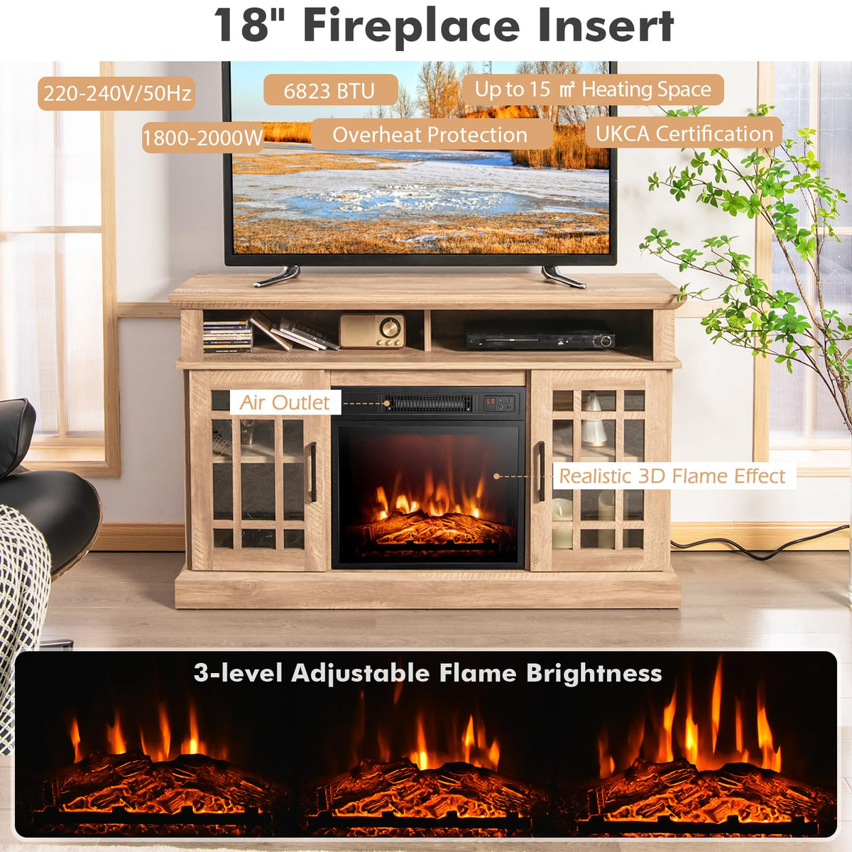 COSTWAY Electric Fireplace Insert TV Stand with Remote, Entertainment Center Console, Adjustable Flame & Overheat Protection
