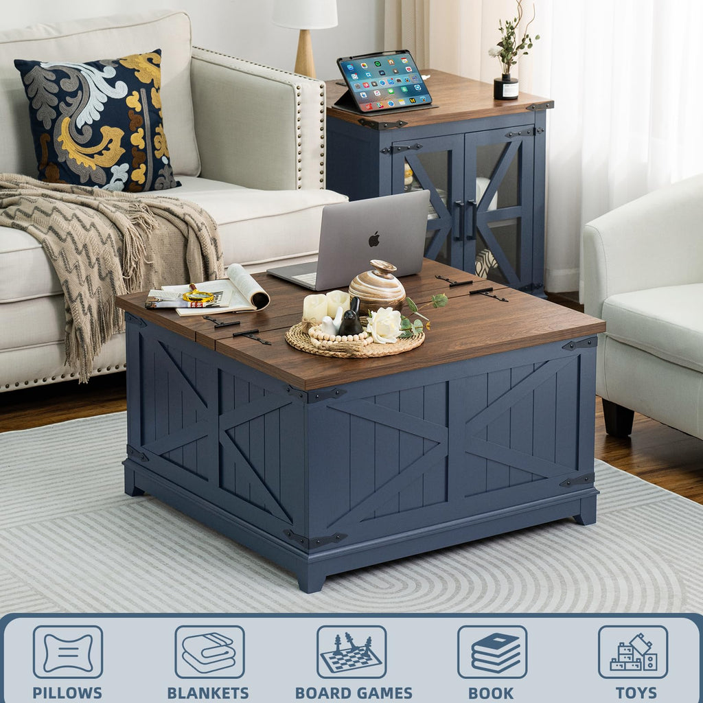 Joaxswe Farmhouse Coffee Table with Hidden Lift Top Storage - Navy Blue Square Wood Center Table 30"x30"