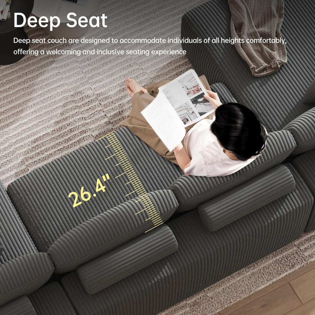 DURASPACE 126" U Shaped Modular Sofa with Chaise - Cloud Comfort Sectional Couch, Corduroy 4-Seater, Grey