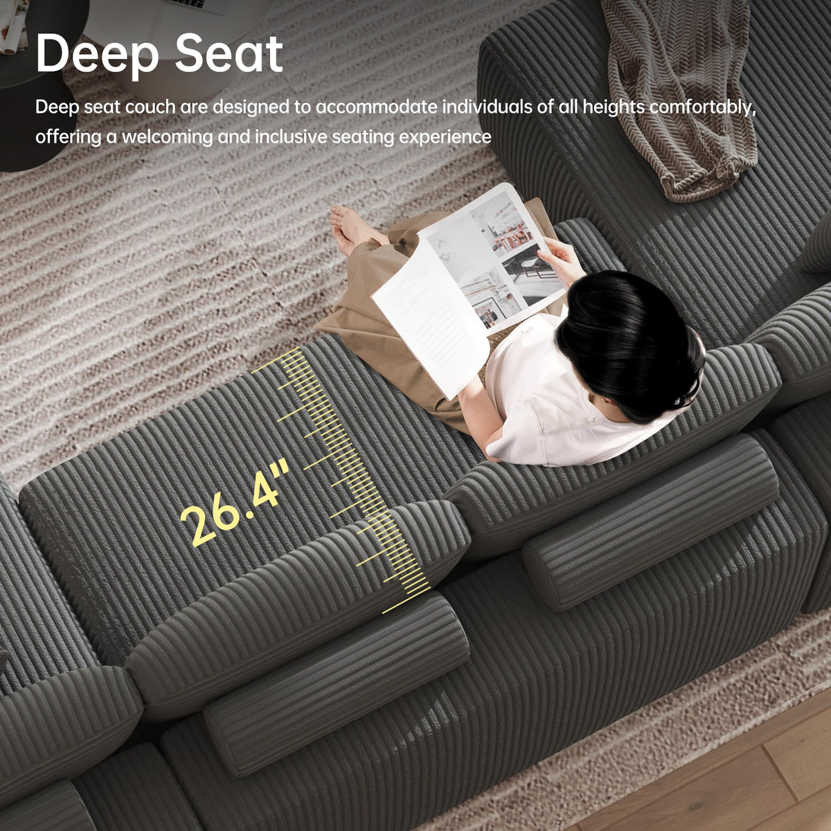 DURASPACE 126" U Shaped Modular Sofa with Chaise - Cloud Comfort Sectional Couch, Corduroy 4-Seater, Grey