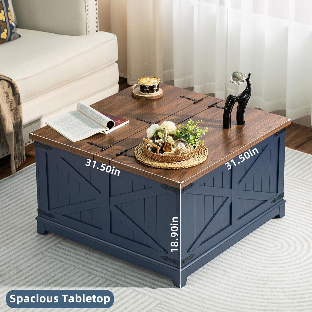 Joaxswe Farmhouse Coffee Table with Hidden Lift Top Storage - Navy Blue Square Wood Center Table 30"x30"