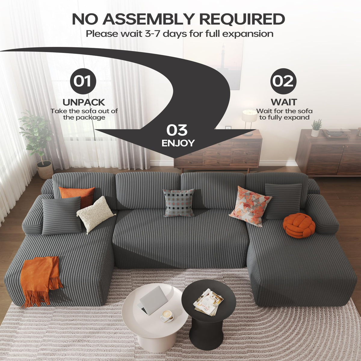 DURASPACE 126" U Shaped Modular Sofa with Chaise - Cloud Comfort Sectional Couch, Corduroy 4-Seater, Grey