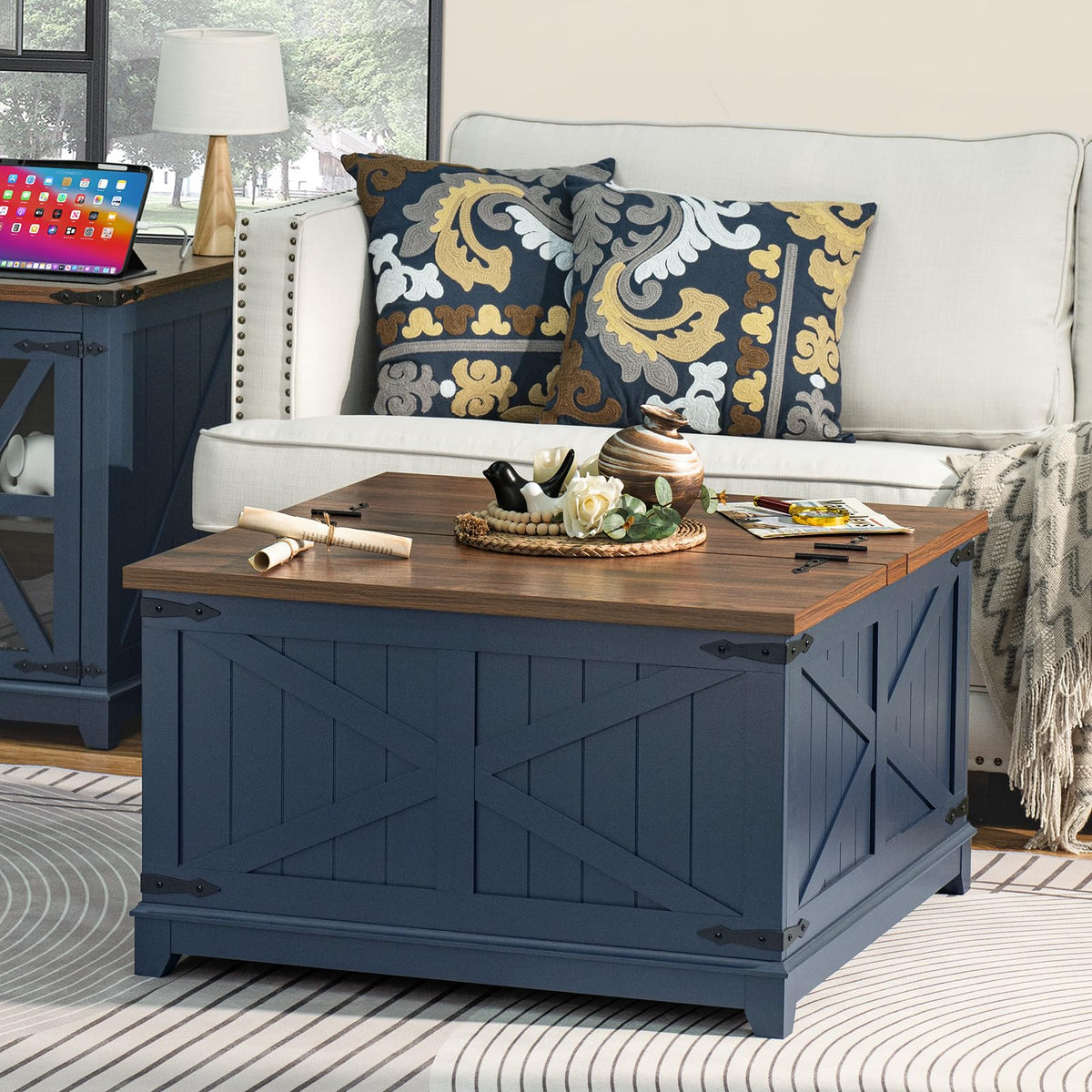 Joaxswe Farmhouse Coffee Table with Hidden Lift Top Storage - Navy Blue Square Wood Center Table 30"x30"